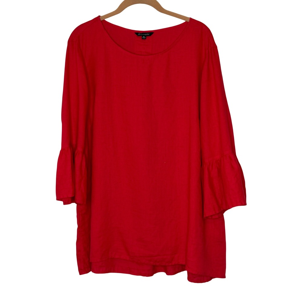John Mark Red 100% Linen Tunic Top XL Ruffle Bell Sleeve Scoop Neck Solid